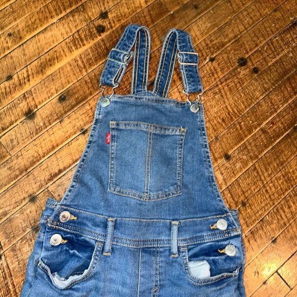 Levi distressed medium wash classic 10 long overalls - Picture 2 of 4
